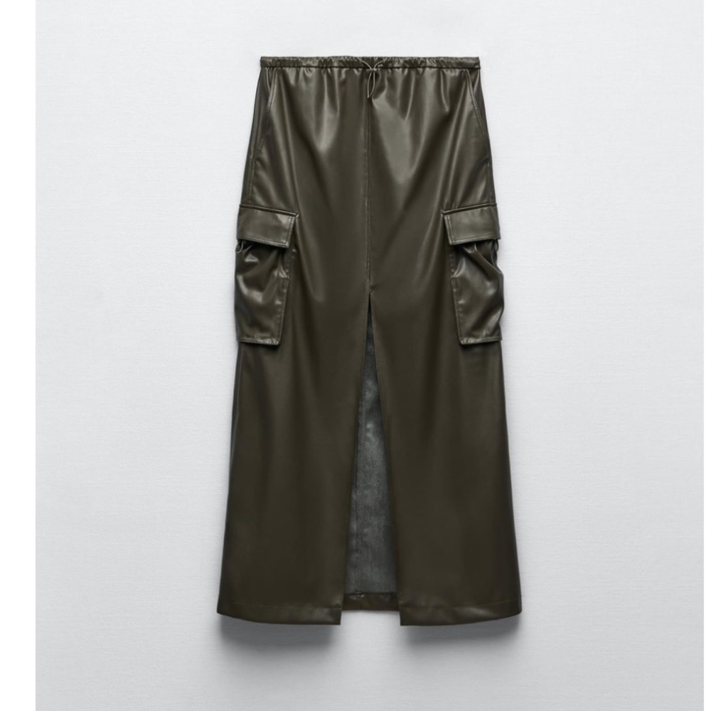 NWT Zara Woman Faux Leather Cargo Khaki Green Bloggers Fav Skirt Size S Small